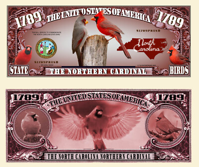 #ad North Carolina State Bird Northern Cardinal Dollar Funny Money Bill FREE SLEEVE $1.88