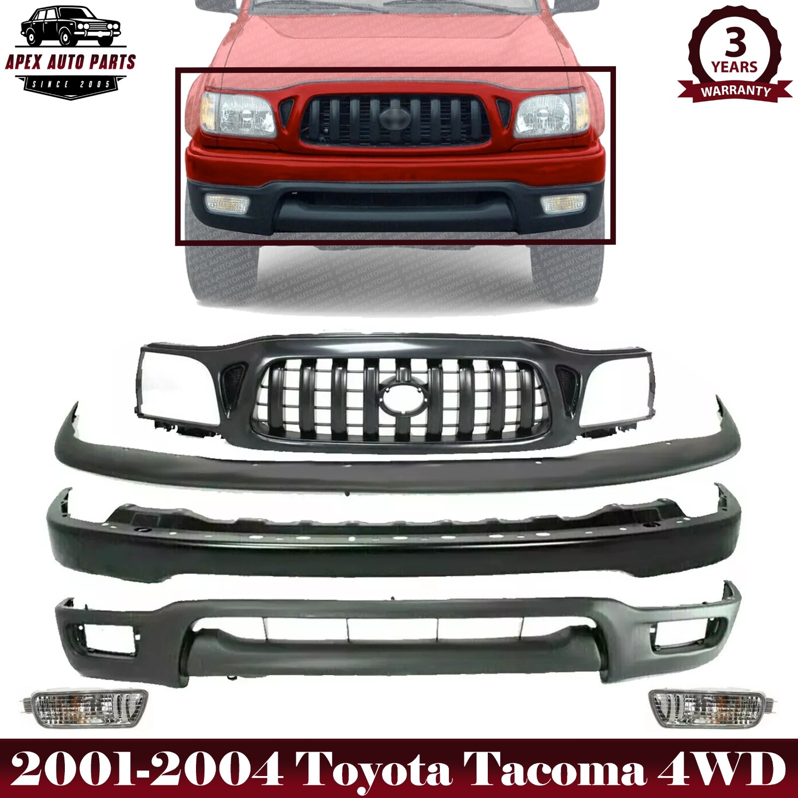 Front Bumper Primed Kit +Grille + Fog Lights LH & RH For 01-04 Toyota Tacoma 4WD