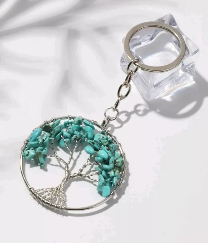 Turquoise Stone Key Charm Keychain Tree Of Life Silver Keyring Him Her Gift UK