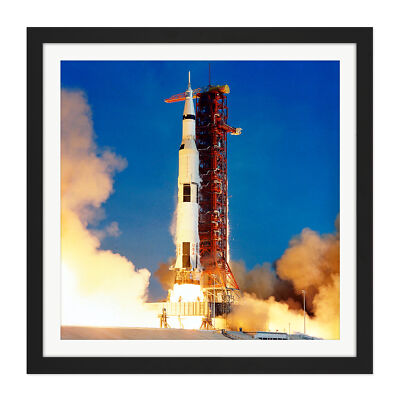 Weltraum NASA Apollo 11 Raketenstart Abheben Gerahmter Kunstdruck 41x41 cm