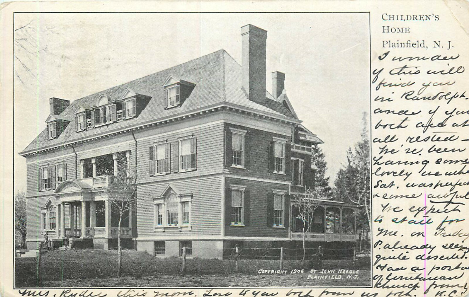 PLAINFIELD, NEW JERSEY CHILDREN'S HOME 1906 UNDIVIDED BACK