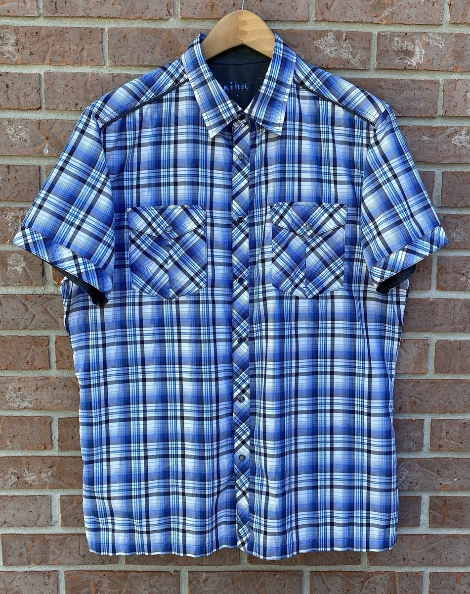 KUHL Eluxur Pearl Snap Plaid Hiking Button Up Shirt Blue