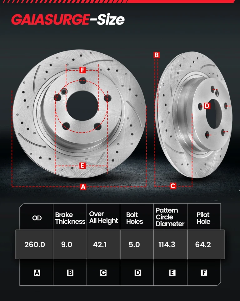 260mm Rear Brake Rotors + Brake Pads Kit for 1997-2001 Honda Prelude 2.2L Foto 3 de 4