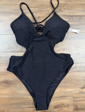 Victoria's Secret Black Textured Cut-Out Adj. Strap One Piece Swimsuit NWT SZ L