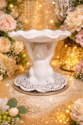 White Ceramic Bunny Pedestal Bowl Candy Dish Easter Decor Farmhouse Centerpiece