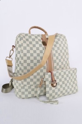 White /Cream Checkered Women s Backpack Purse With Coin Bag New