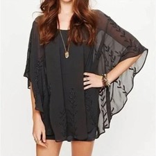 FREE PEOPLE M Pointed Oversized Beaded Gauze Blouse Dress Tunic Charcoal Cape