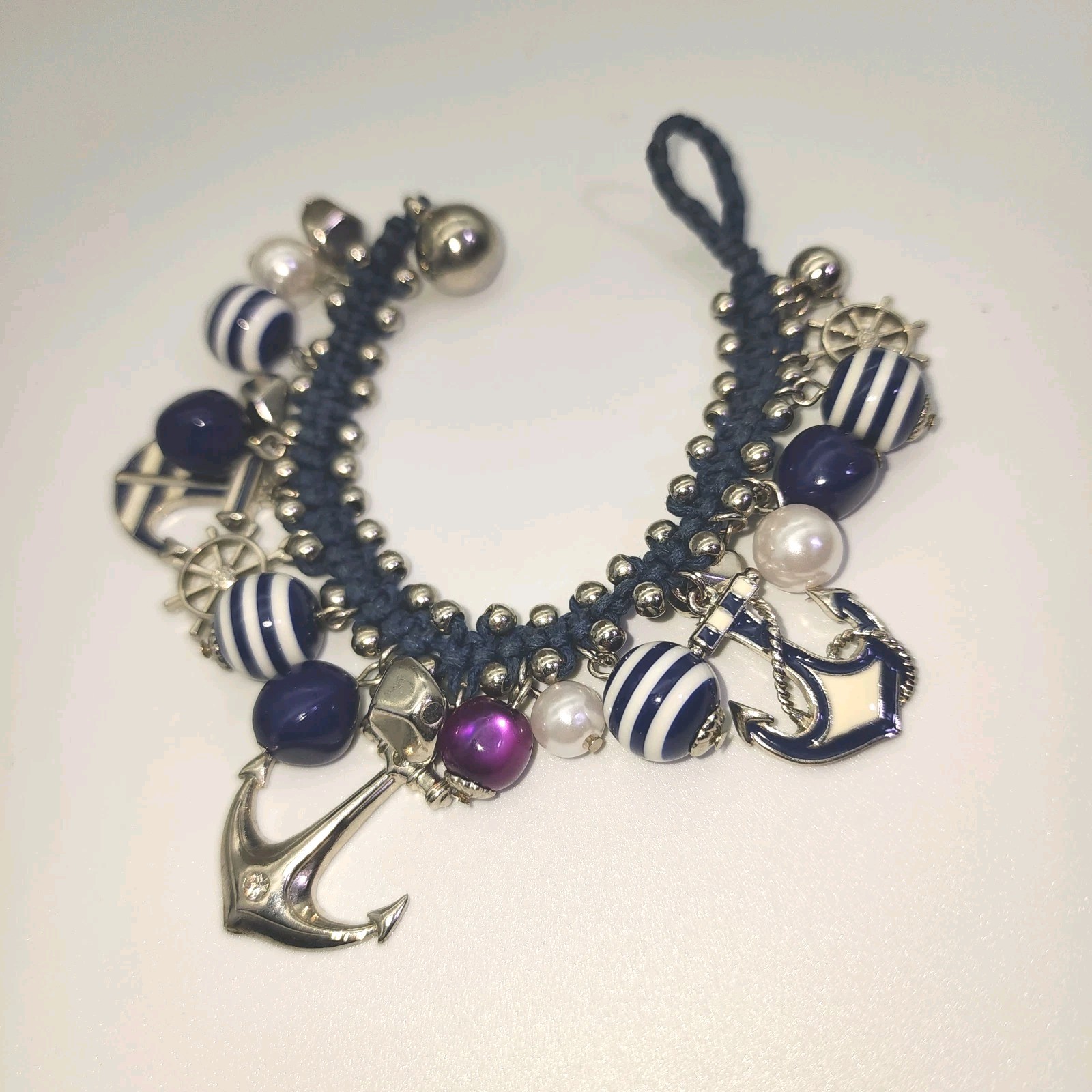 Nautical Anchor Charm Bracelet Beach themed Anchor charms Navy Cord Bracelet