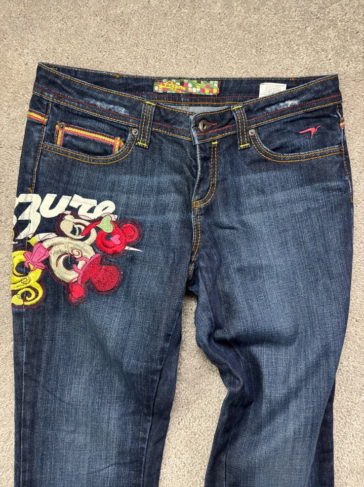 Pantalones de mezclilla Azzure corte bota para mujer 30 patrón bordado lavado oscuro arco iris hip hop Foto 4 de 4