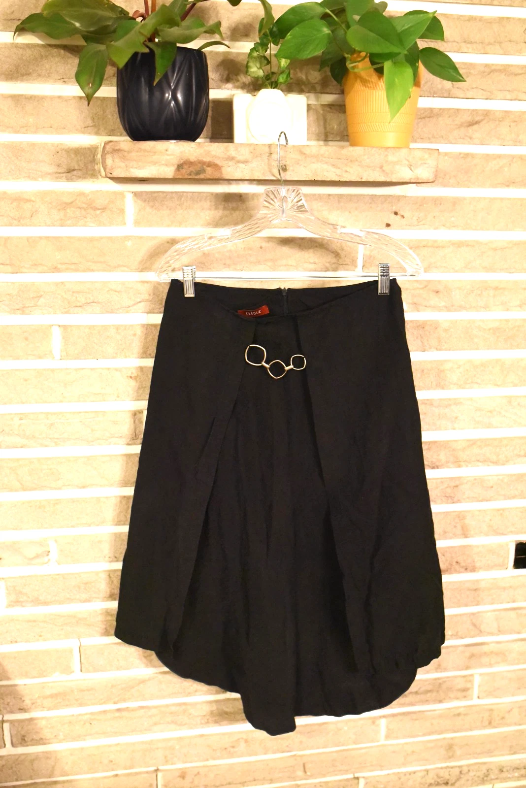 CREOLA black skirt S Linen Silk Blend Asymmetric hem ring faux belt festival
