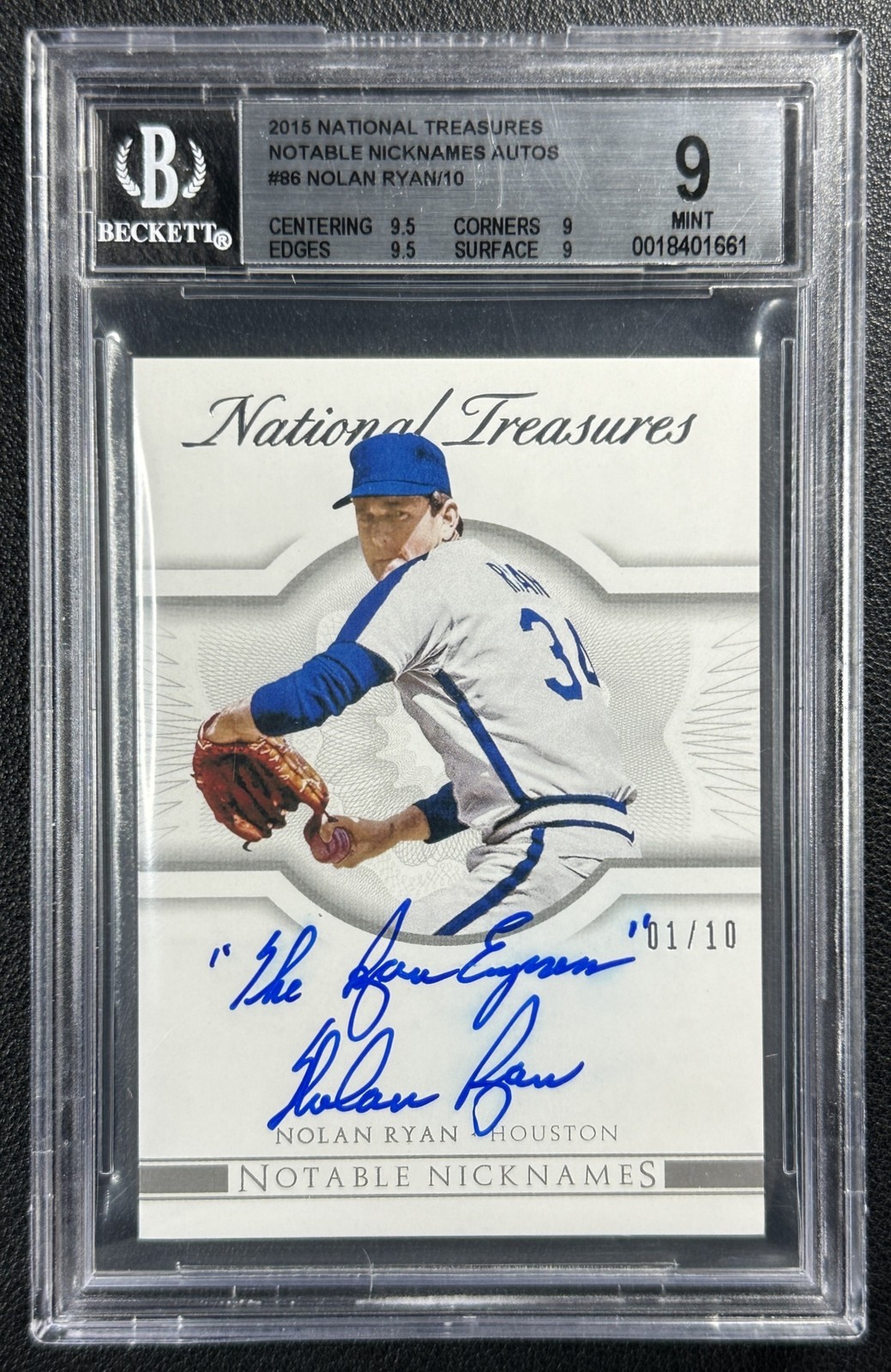 NOLAN RYAN BGS 9 2015 NATIONAL TREASURES NOTABLE NICKNAMES INSCRIPTION AUTO 1/10