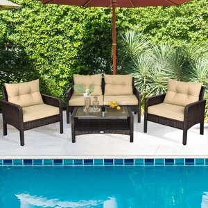 4PCS Rattan Patio Conversation Set Cushioned Outdoor Furniture Set