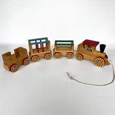 Vintage 1960s BRIO Wooden Pull Train Made in Sweden   3 Colorful Cars 1 Engine