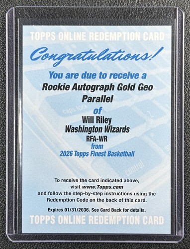 WILL RILEY 2025-26 BOWMAN CHROME #BCA-WR AUTO GOLD GEOMETRIC REFRACTOR RC /50