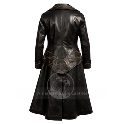 Mens Brown Leather Long Trench Coat Captain Hook Pirate Halloween