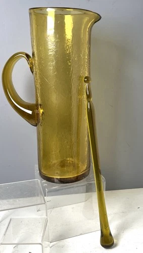 Vintage 23” !!! Blenko Martini Pitcher W STIRER  !!! Blown Amber Crackle  Glass