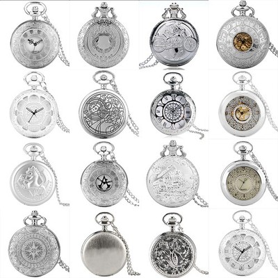 Assorted Silver Quartz Pocket Watch Fashion Style Unisex Gift w/ Necklace Chain