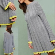Anthropologie Arsenau Sweater Dress Gray Yellow Ribbed Knit Bell Sleeve Size XS