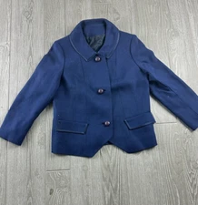 Betty Rose Womens Collard Navy Blue Button Blazer Cropped Vintage Blazer
