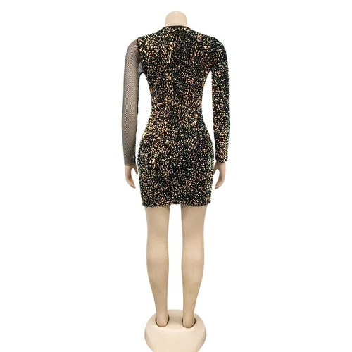 Fashion Women's Mesh See-through Rhinestone Sequin Patchwork Bodycon Party Dress - Picture 10 of 21