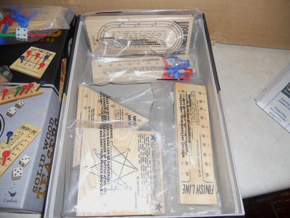 NIB CARDINAL SOLID WOOD 7 BRAIN TEASERS/54 GAME PEGS/6 DICE & INSTR* FREE SHIP - Image 4 of 4