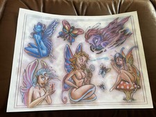 Lot 12 Vintage Tattoo flash art paper sheet Tony Ciavarro 2002 fairies