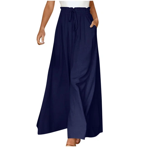 Damen Einfarbig Hose Elastischer Gürtel Weites Bein Hohe Taille Lange Culotte Hose - Bild 32 von 42