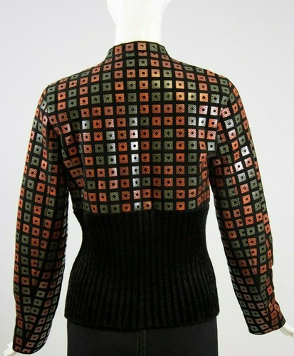 GIORGIO ARMANI Black Suede Multi Leather Cut Out Ribbed Velour Snap Jacket M 40 - Picture 7 of 12