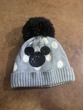 Disney Gap Kids S/M Mickey Mouse Black Pom Pom Ears Polka Dot Beanie Knit Sequin