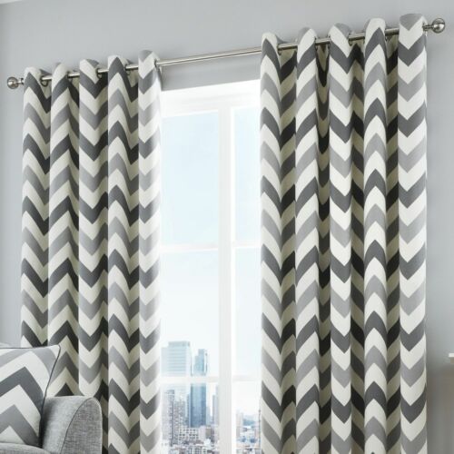100 Cotton Zig Zag Chevron Grey And, Grey And Cream Patterned Curtains