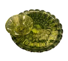 Vintage Green Glass Snack Plate Tray Set with Bowl Chips and Dip Server