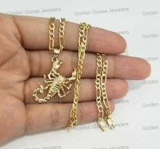 Real 14k Yellow Gold Scorpion Insect Animal Pendant Charm 20 Inch Figaro Chain
