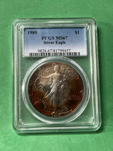 1989 ASE American Silver Eagle MS67 PCGS Monster Toner Dual Sided