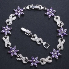 Amethyst Purple Cubic Zirconia Flower Charm Bangle Bracelets for Women Lady