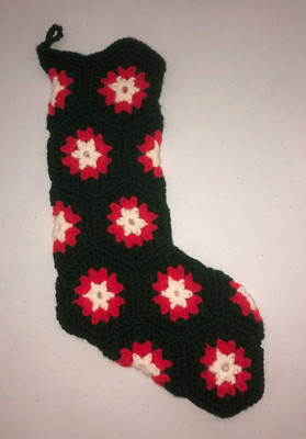 Vintage Crochet Granny Square Christmas Stocking 17'' Green Red White