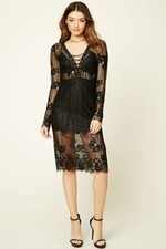Forever 21 Black Sheer Eyelash Lace Midi Dress Small S