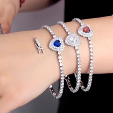White Gold Plated CZ Big Heart Round Tennis Chain Bracelet Fashion Brand Jewelry
