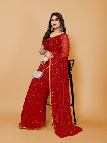 Woven, Embellished Daily Wear Chiffon Saree (Red) - Picture 2 of 5