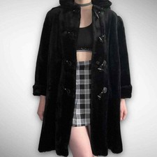 Black Faux Fur Coat Vintage 90s Jacket Toggle Button Hood Hooded Medium Large
