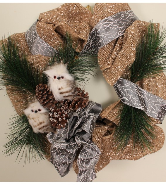 Winter Owl Christmas Wreath Snowy Burlap Greenery Pine Cone Door