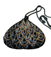 Beaded Small Black Multi-Color Peacock Evening Bag 2-Zipper Opening Twisted Cord
