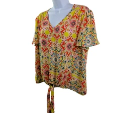 Counterparts Top Waist Tie Size L Boho Medallion Shirt Flowy Yellow Peach Blouse