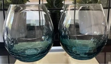 2 pc set Pier 1 Hand Blown Blue Crackle stemless wine Glass