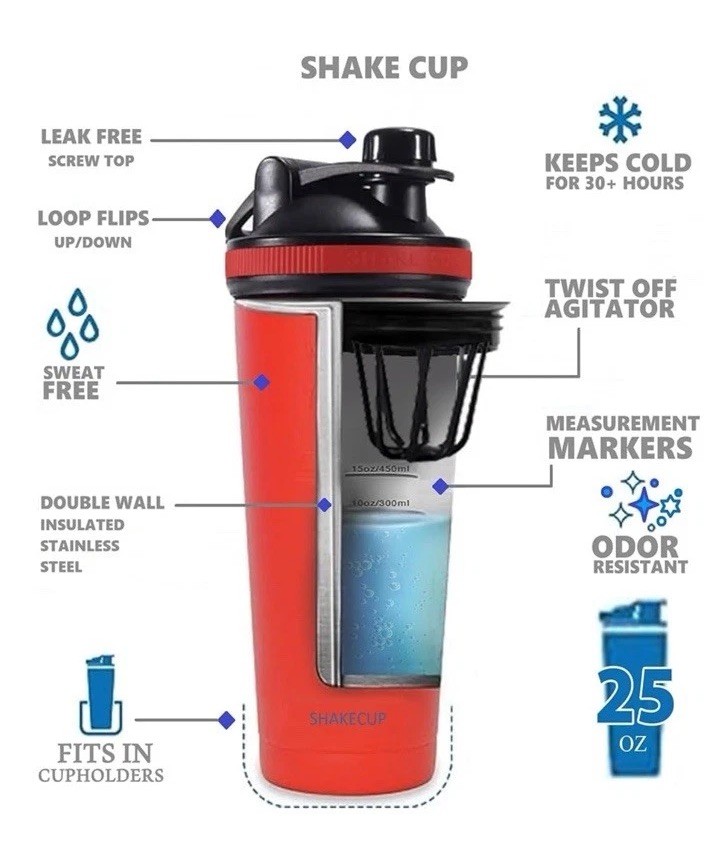 Shaker Bottle, Double Wall Stainless Steel 25 Oz, stainless steel blender bottle