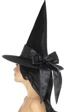 Black Velvet Witch Hat Costume Accessory Adult Halloween Satin Bow
