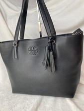 TORY BURCH McGraw Leather Logo Hand Tote Bag Women black Tassel Charm