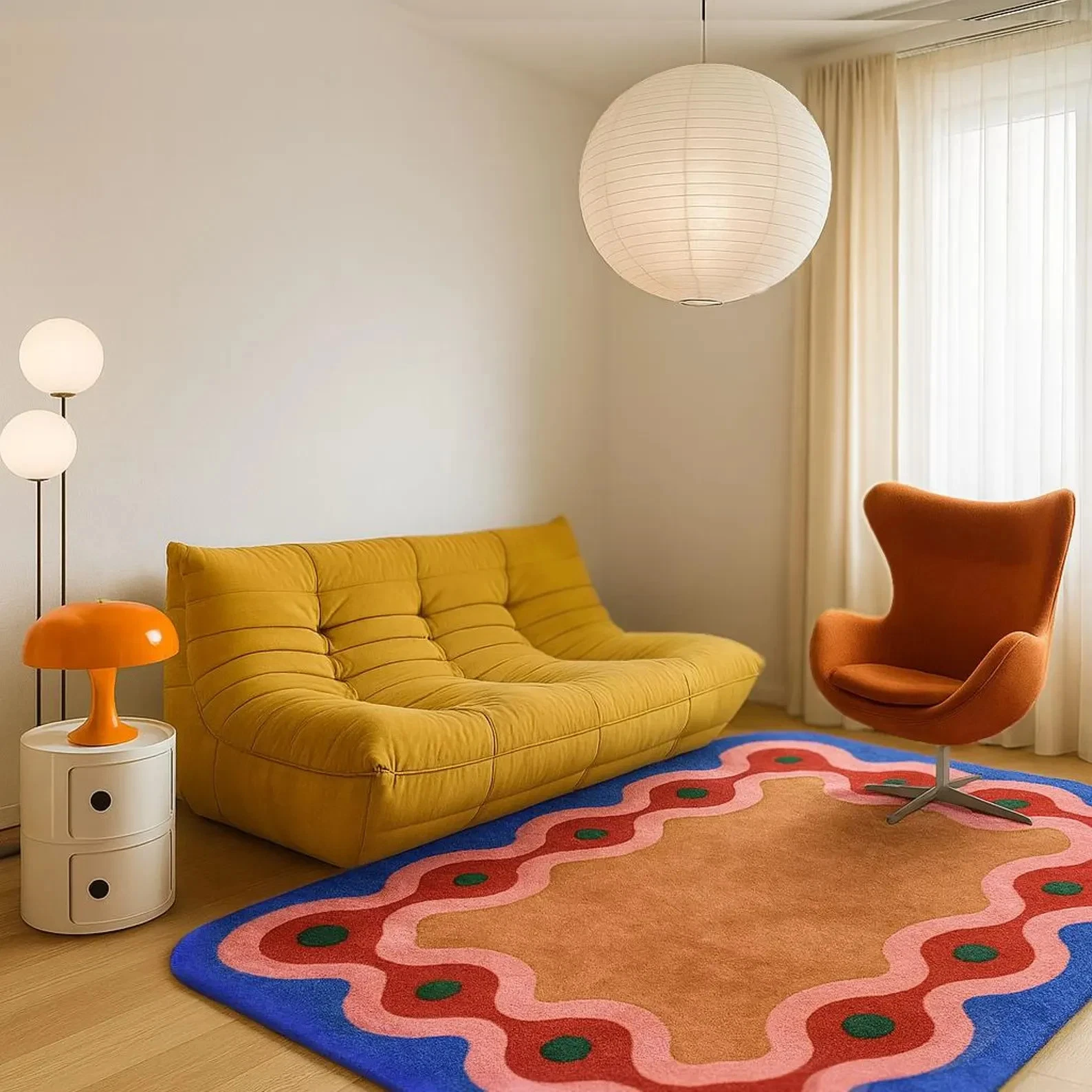 New Handmade Tufted Wool Rug: Playful Wavy Geometric Design Area Rug Carpet