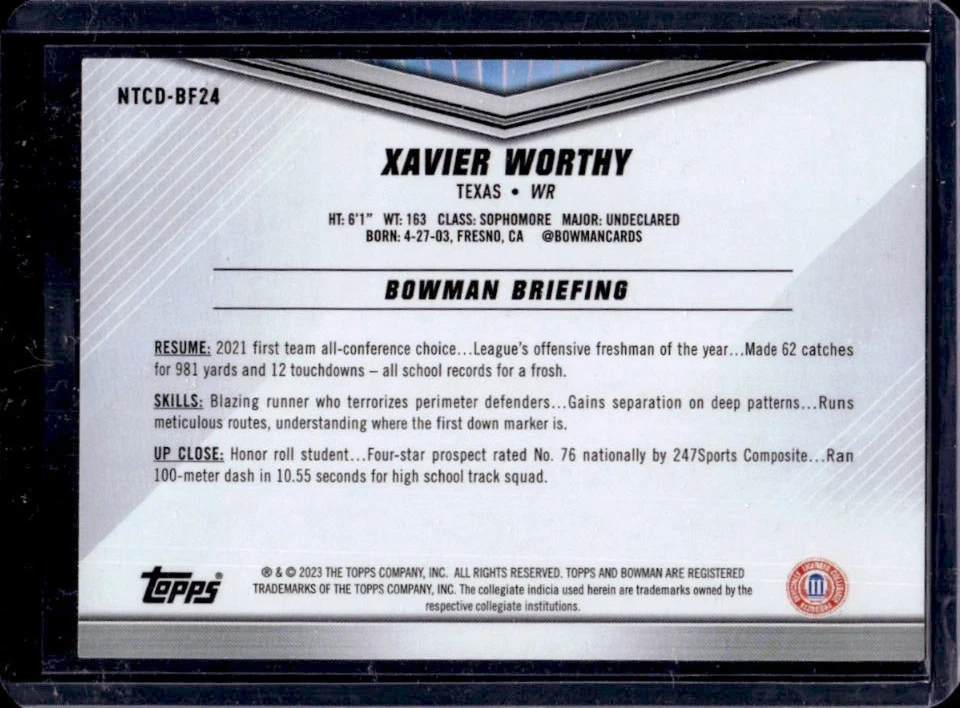 2023 Topps Bowman University Trading Card Day Xavier Worthy #NTCD-BF24 - Image 2 of 2
