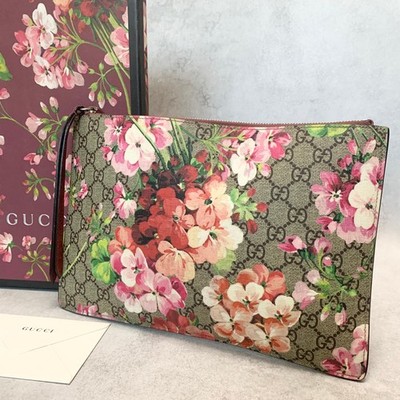 GUCCI Clutch Bag Handbag Blooms Flora GG Supreme Purse PVC Leather