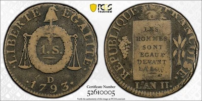 1793 D France 1 Sol (Sans Aigle) PCGS VF 25 (Top Pop 1/0) Excellent Original - Image 1 of 3